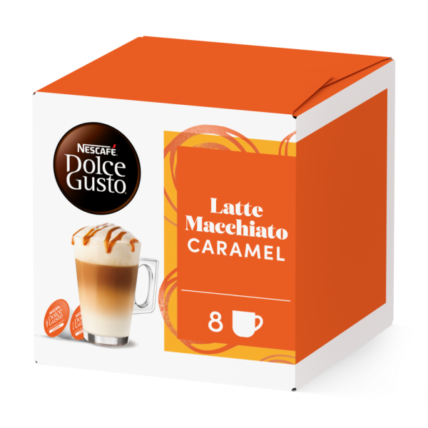 Front view of Latte Macchiato Caramel (16 pods) box